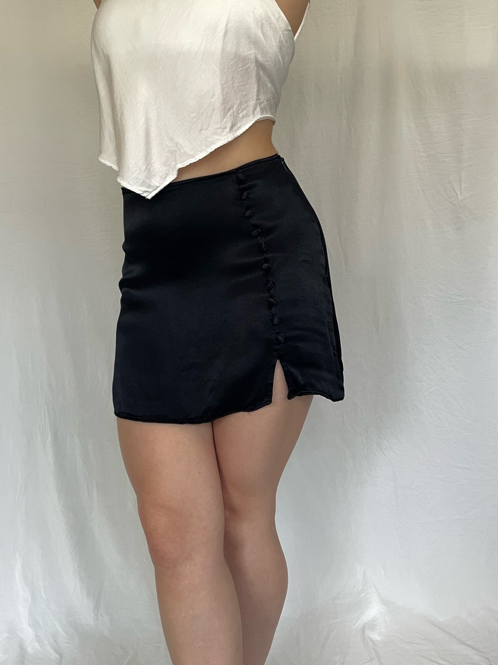 Zara satin black mini skirt with button detail